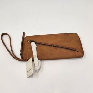 Free People Brown Vegan Faux Leather Wristlet Zip Around Wallet Boho Casual New